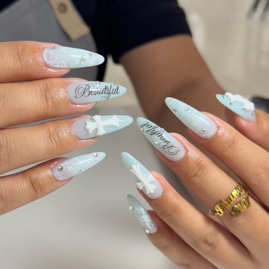 Frozen Grace Press-On Nails – Icy Blue Cross Gothic Fake Nails