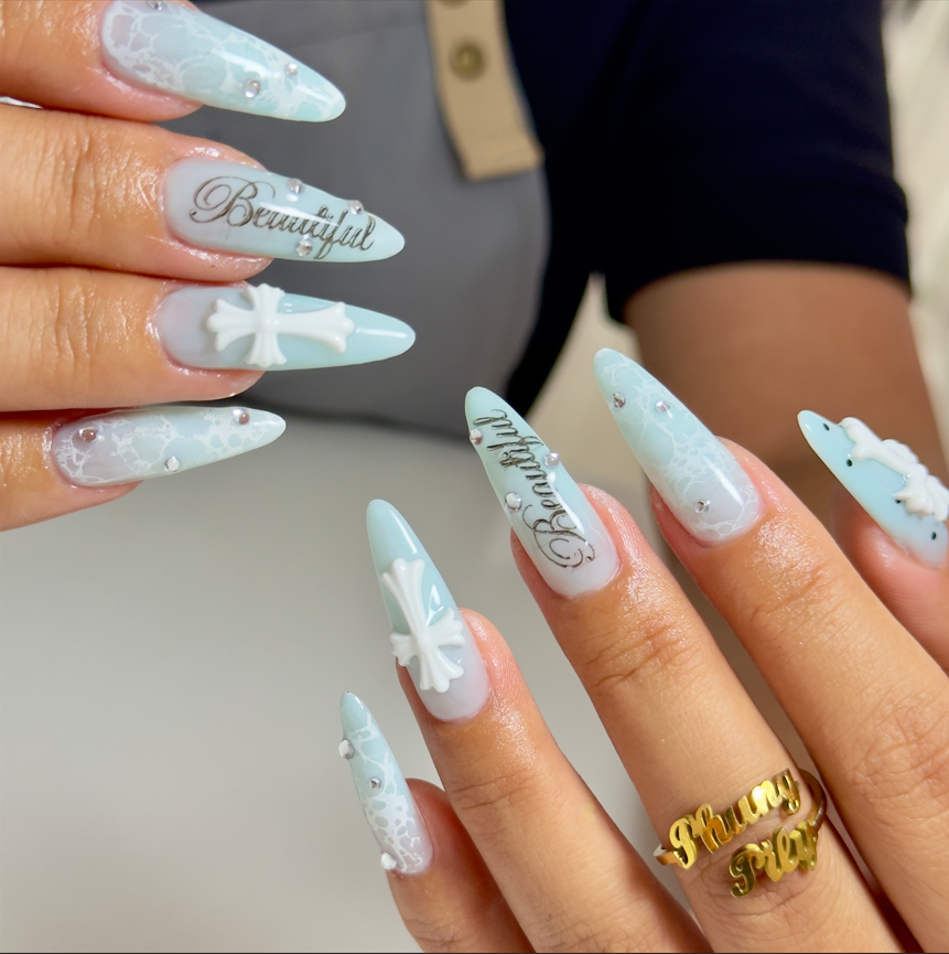 Frozen Grace Press-On Nails – Icy Blue Cross Gothic Fake Nails