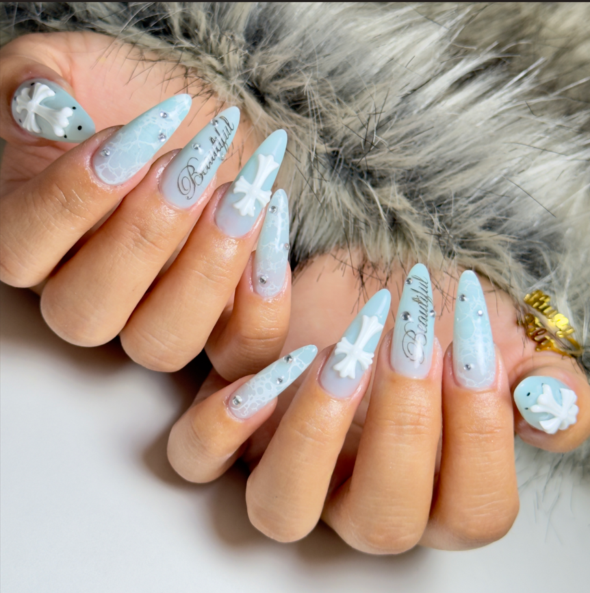 Frozen Grace Press-On Nails – Icy Blue Cross Gothic Fake Nails