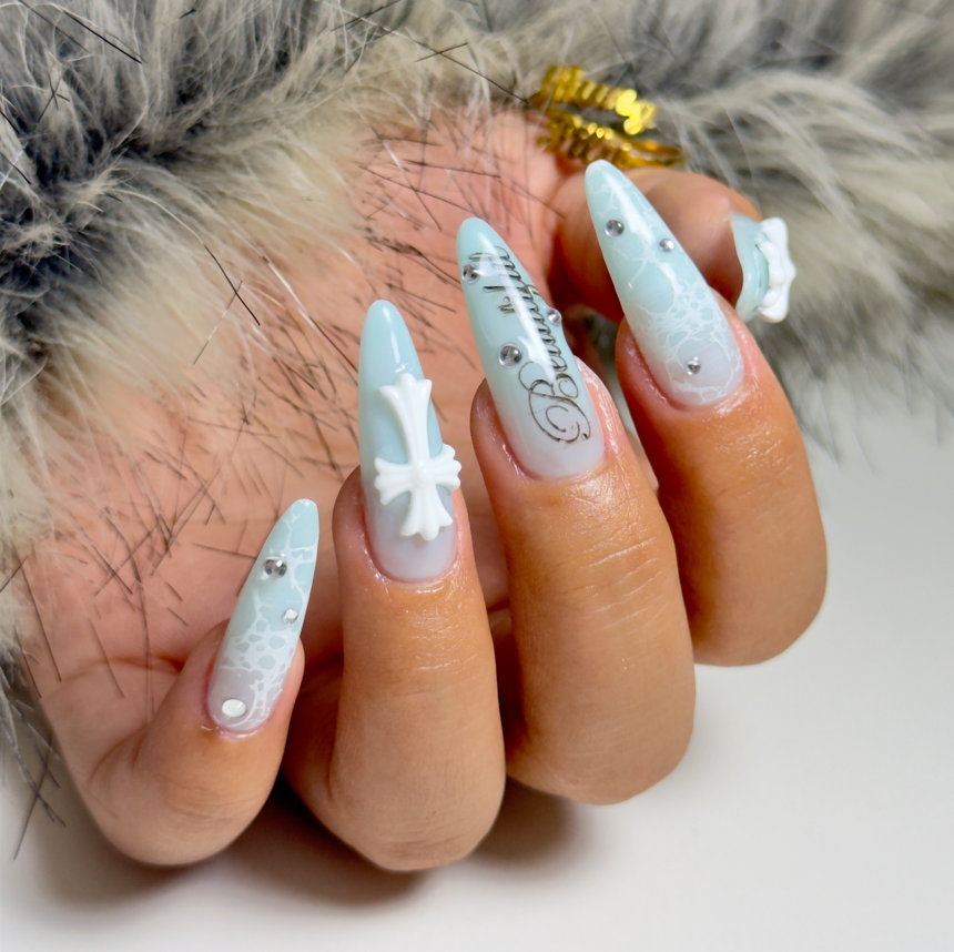 Frozen Grace Press-On Nails – Icy Blue Cross Gothic Fake Nails
