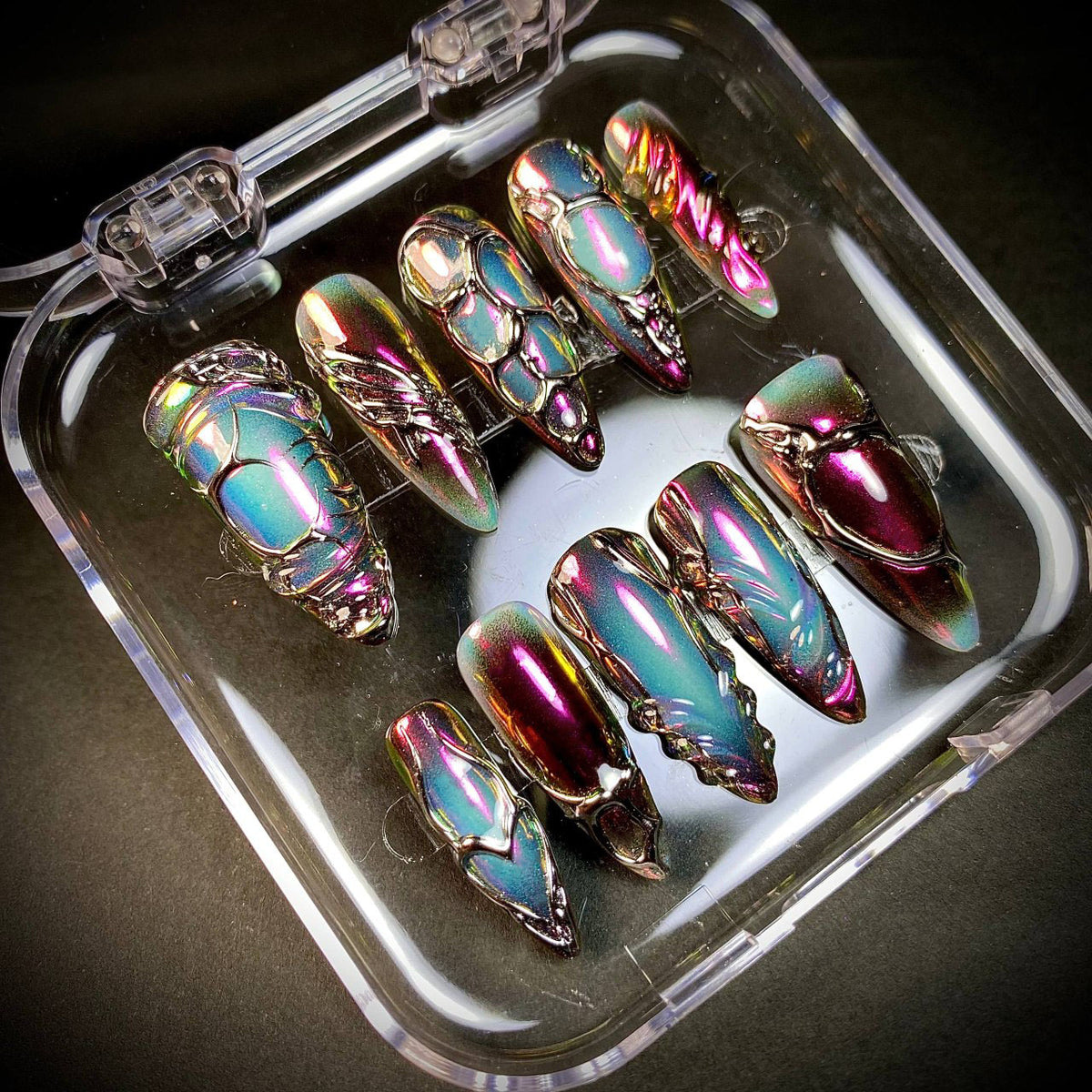 Purple Chrome Y2K Press-On Nails – Iridescent 3D Futuristic Fake Nails