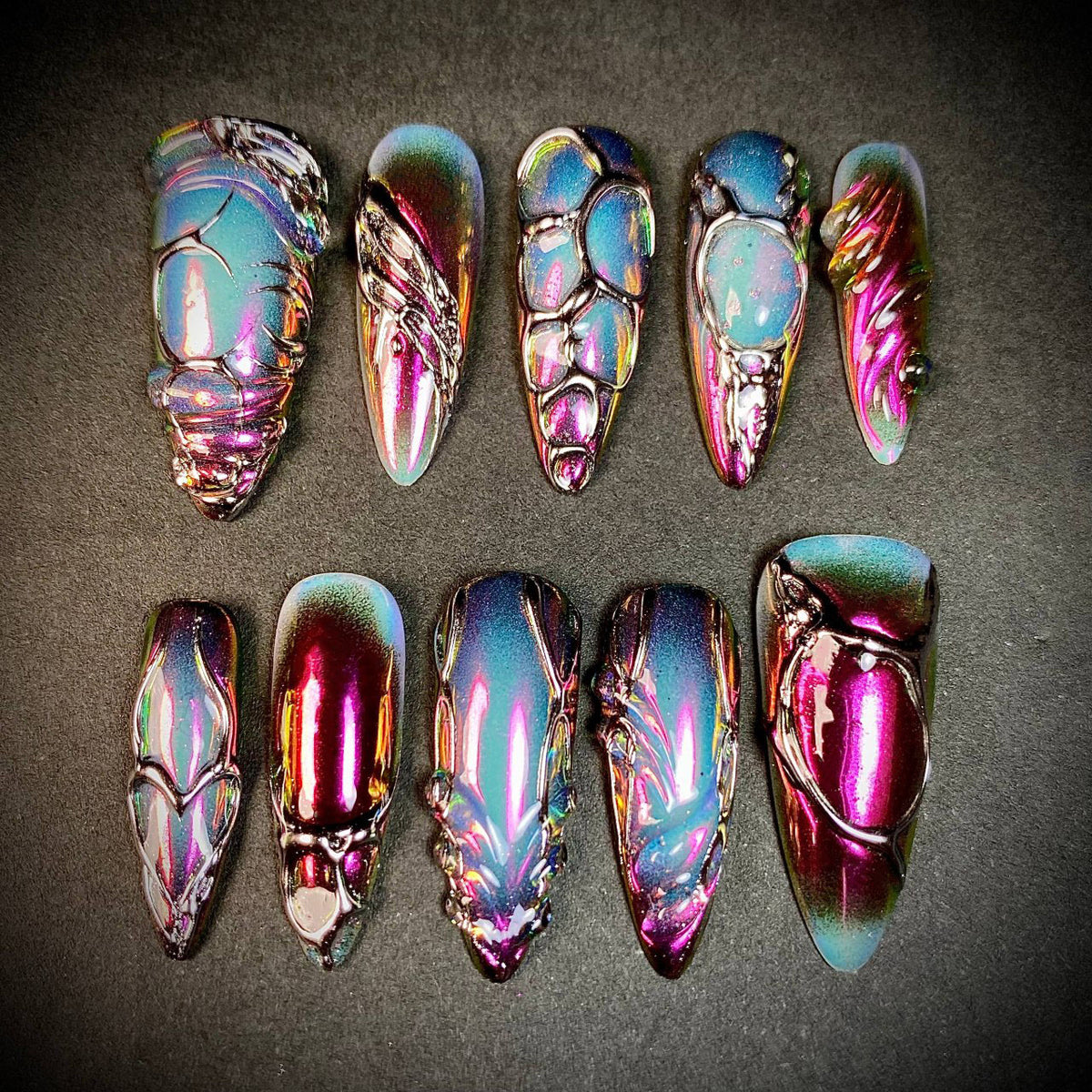 Purple Chrome Y2K Press-On Nails – Iridescent 3D Futuristic Fake Nails