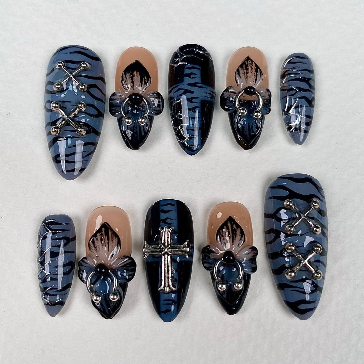 Dark Blue Zebra Gothic Press-On Nails – 3D Cross Piercing Alternative Fake Nails