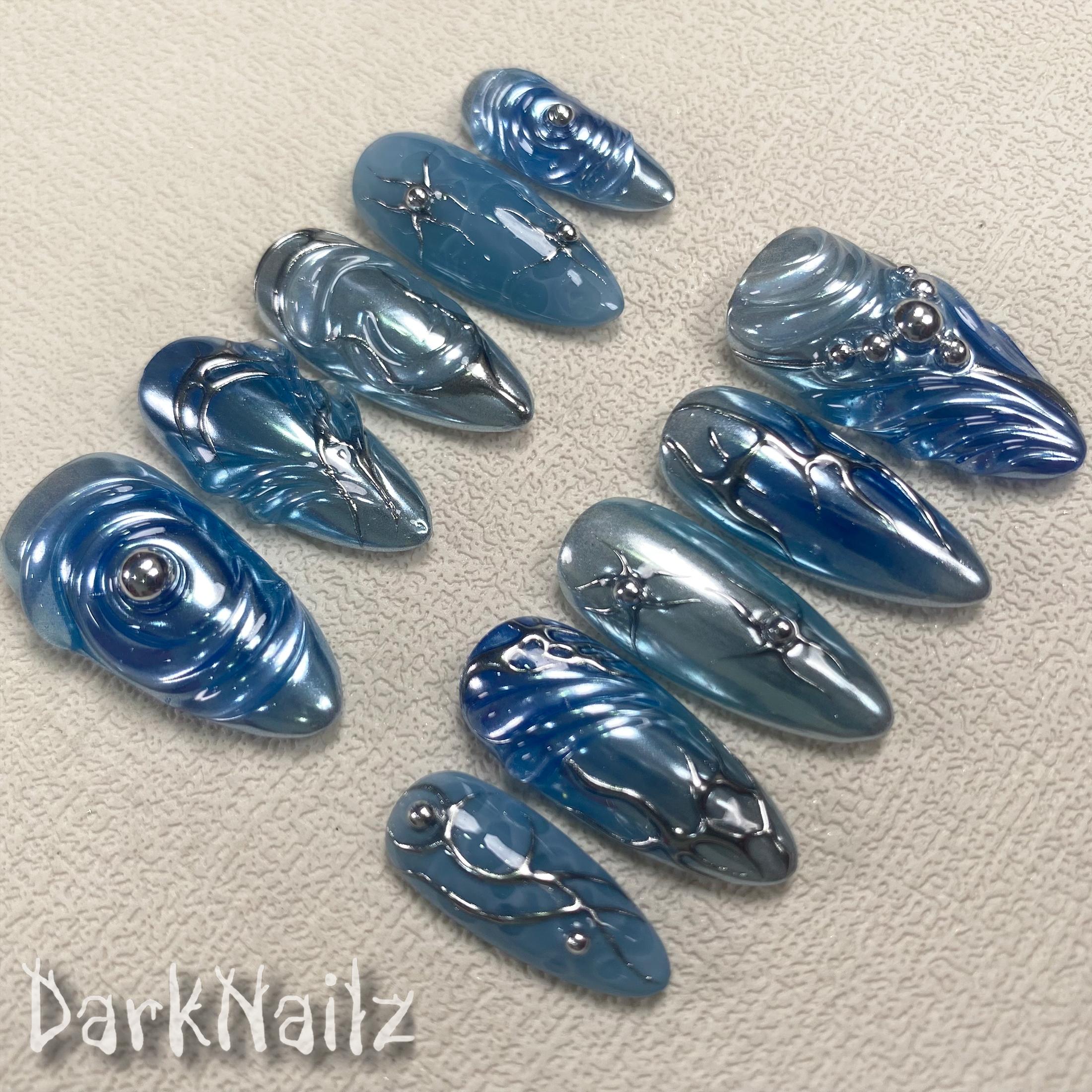 Light Blue Mirrored Chrome Press On Nails, Y2K Style Fake Nails