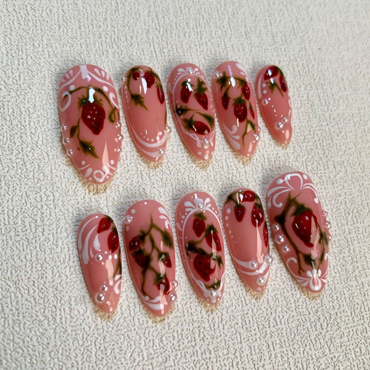 Strawberries Press On Nails, Cute Floral Pink Strawberry Nails