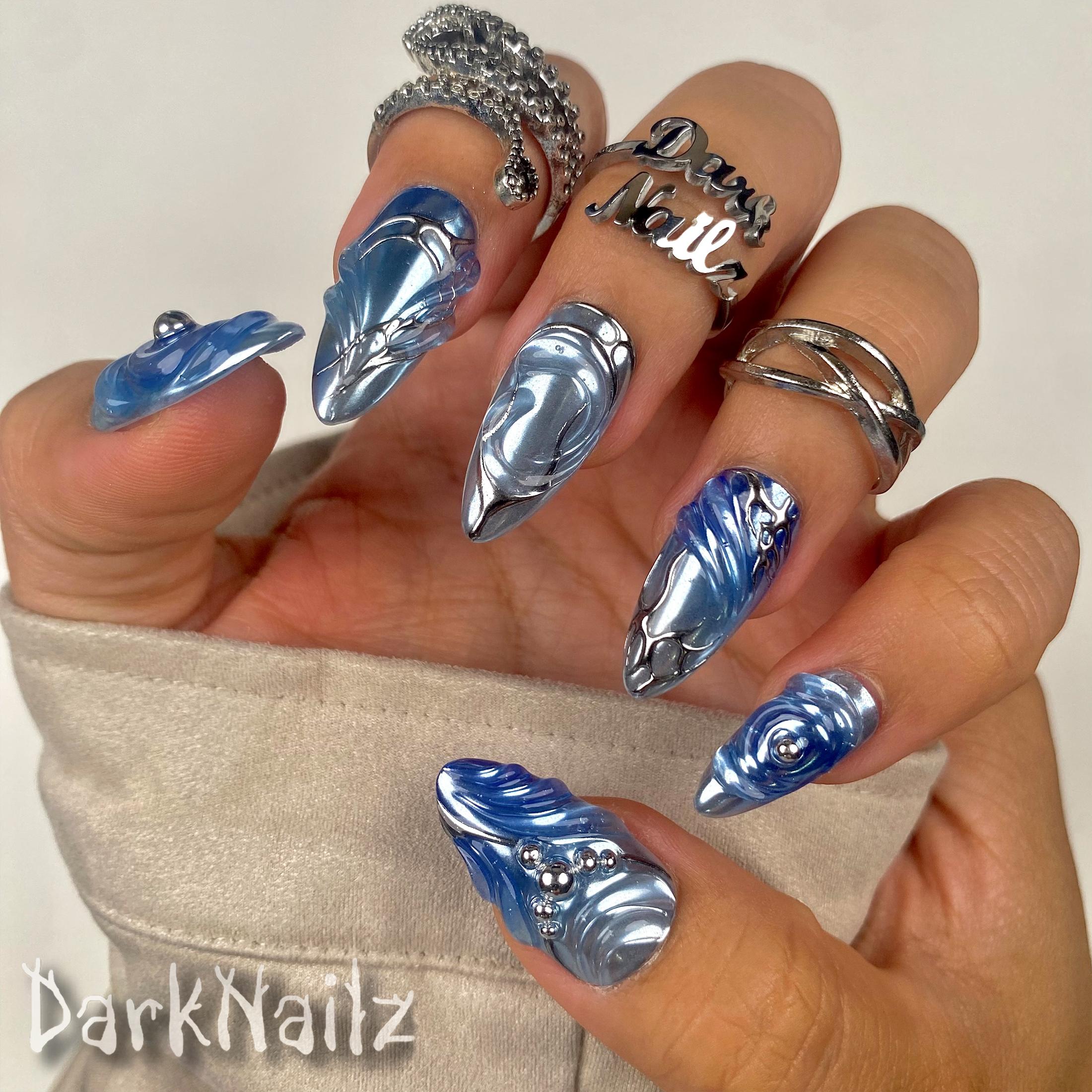 Light Blue Mirrored Chrome Press On Nails, Y2K Style Fake Nails