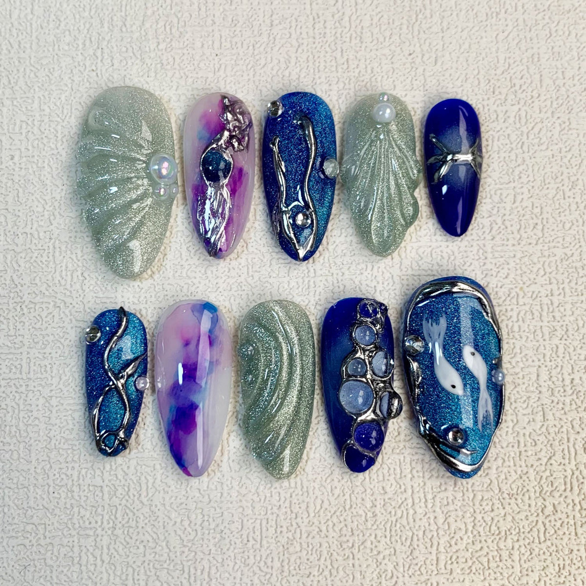 Blue Press On Nails, Vacation Beach Nails, Spring Summer Nails For Girls