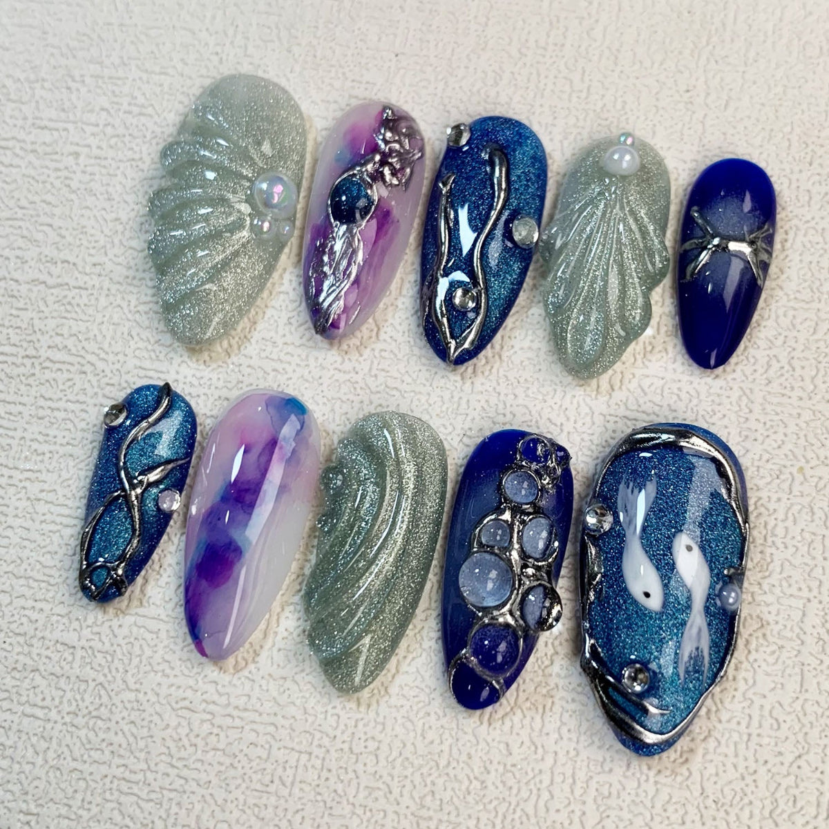 Blue Press On Nails, Vacation Beach Nails, Spring Summer Nails For Girls