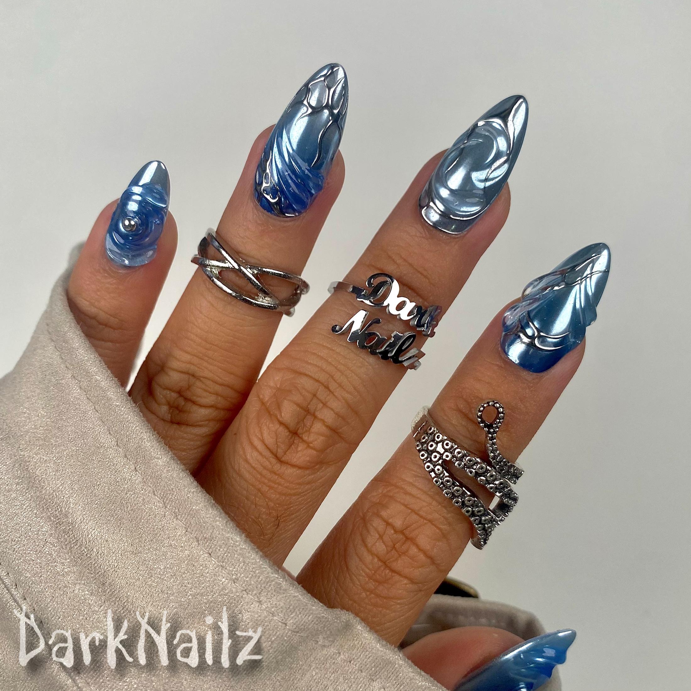 Light Blue Mirrored Chrome Press On Nails, Y2K Style Fake Nails