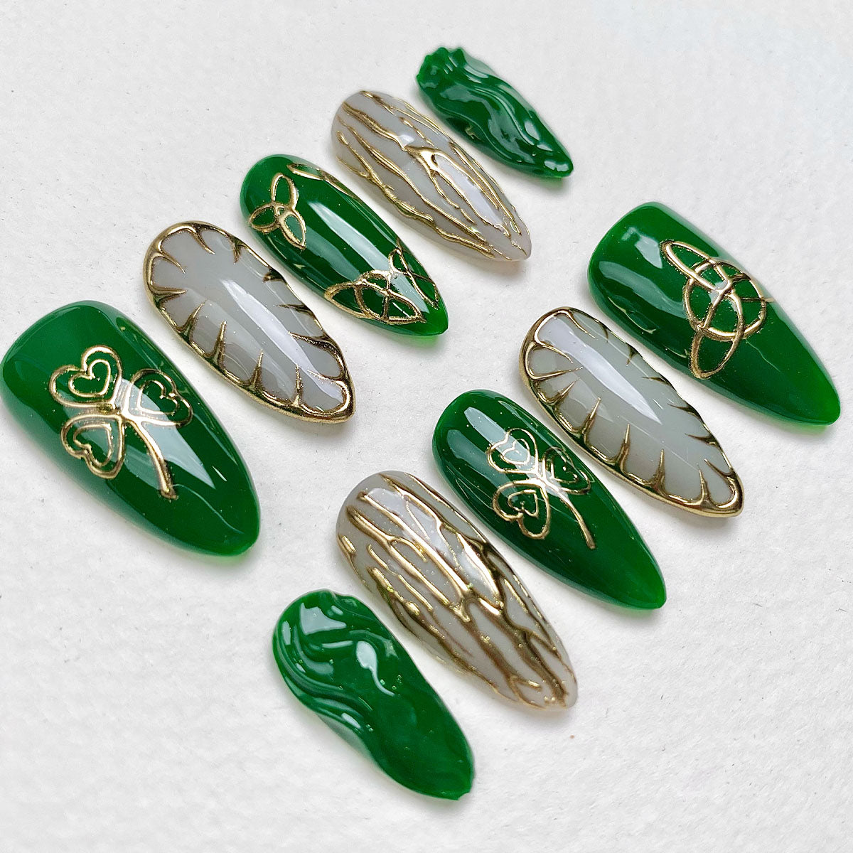 Emerald Trinity St. Patrick’s Day Press-On Nails – Green & Gold Irish Fake Nails