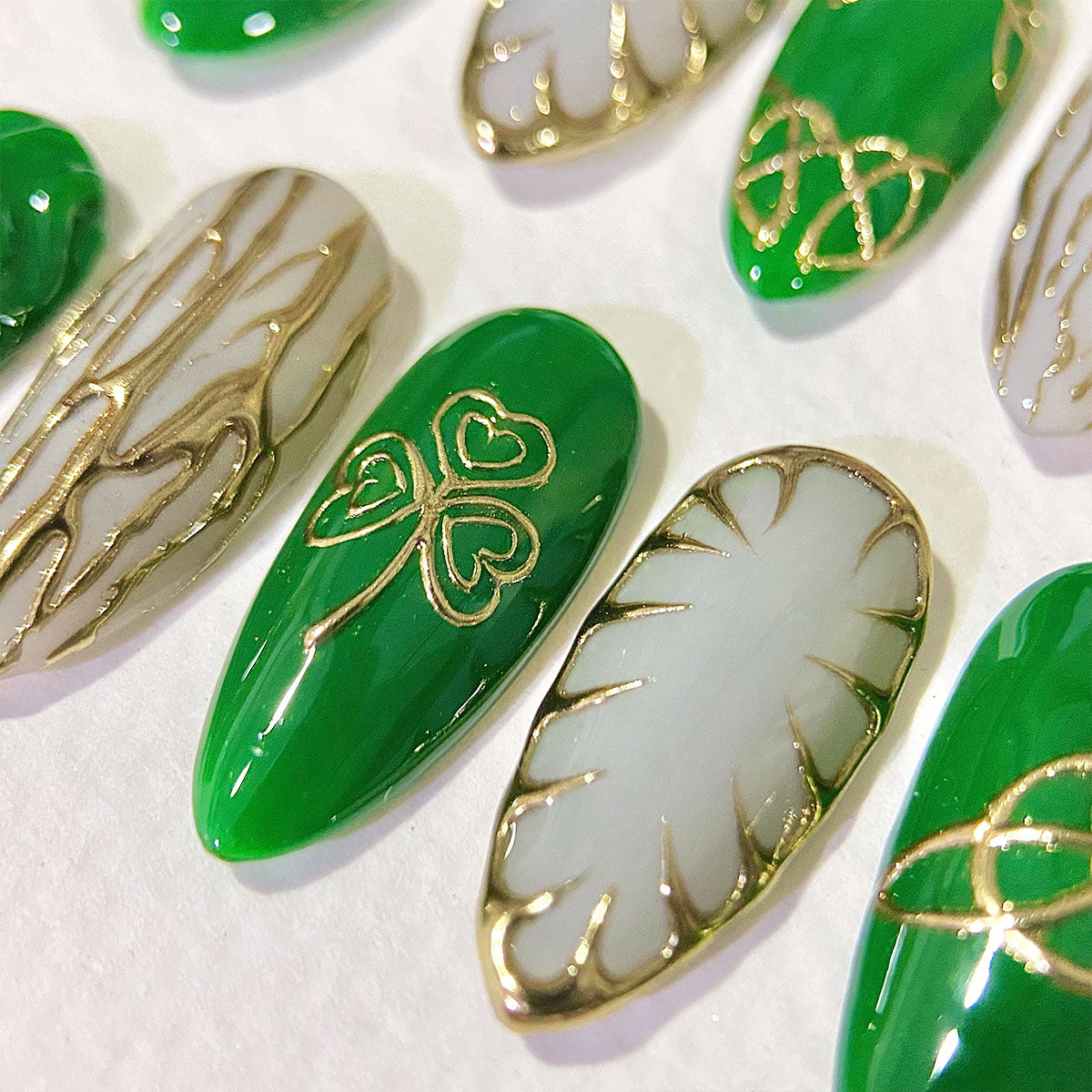 Emerald Trinity St. Patrick’s Day Press-On Nails – Green & Gold Irish Fake Nails