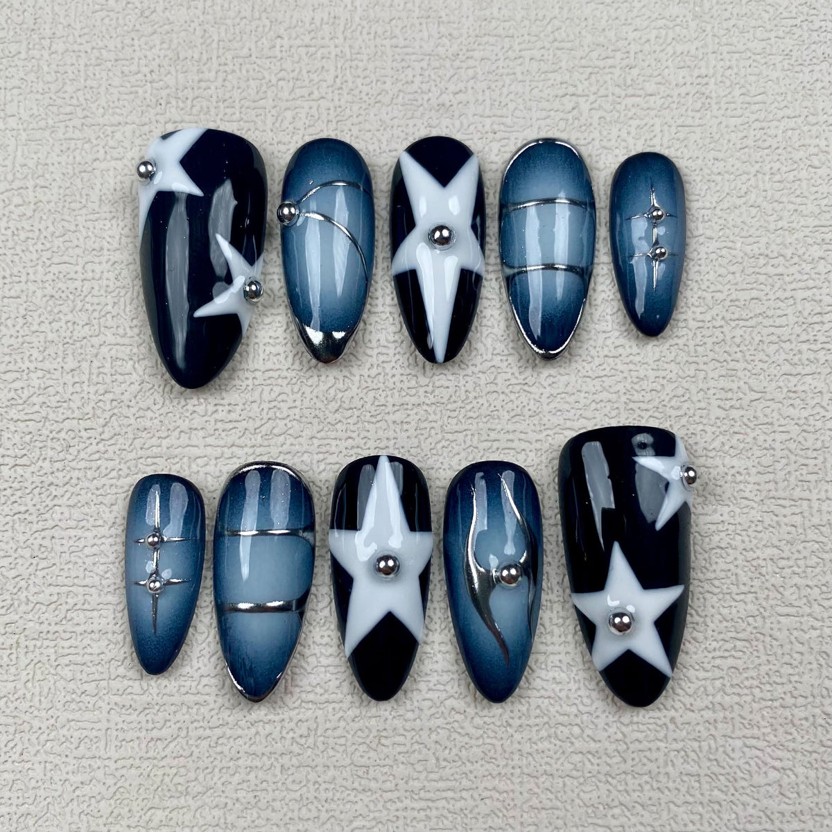 Black Purple Press On Nails, Y2K Spring Summer Stars Nails