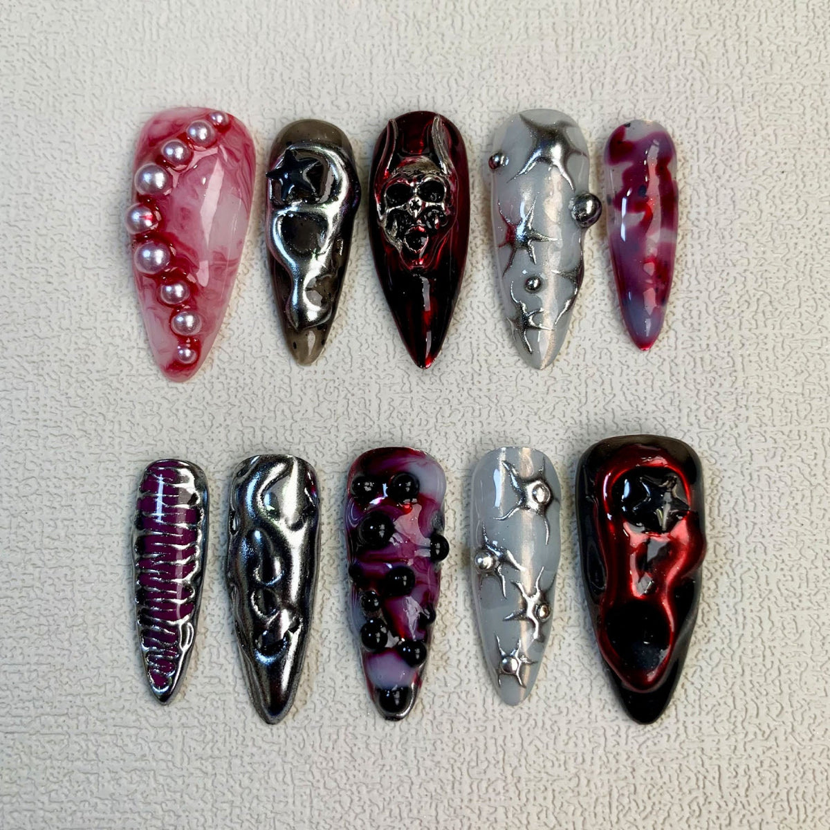 Scary Red Blood Press On Nails, Gothic Punk Rock Skull Nails, Goth Y2K Nails