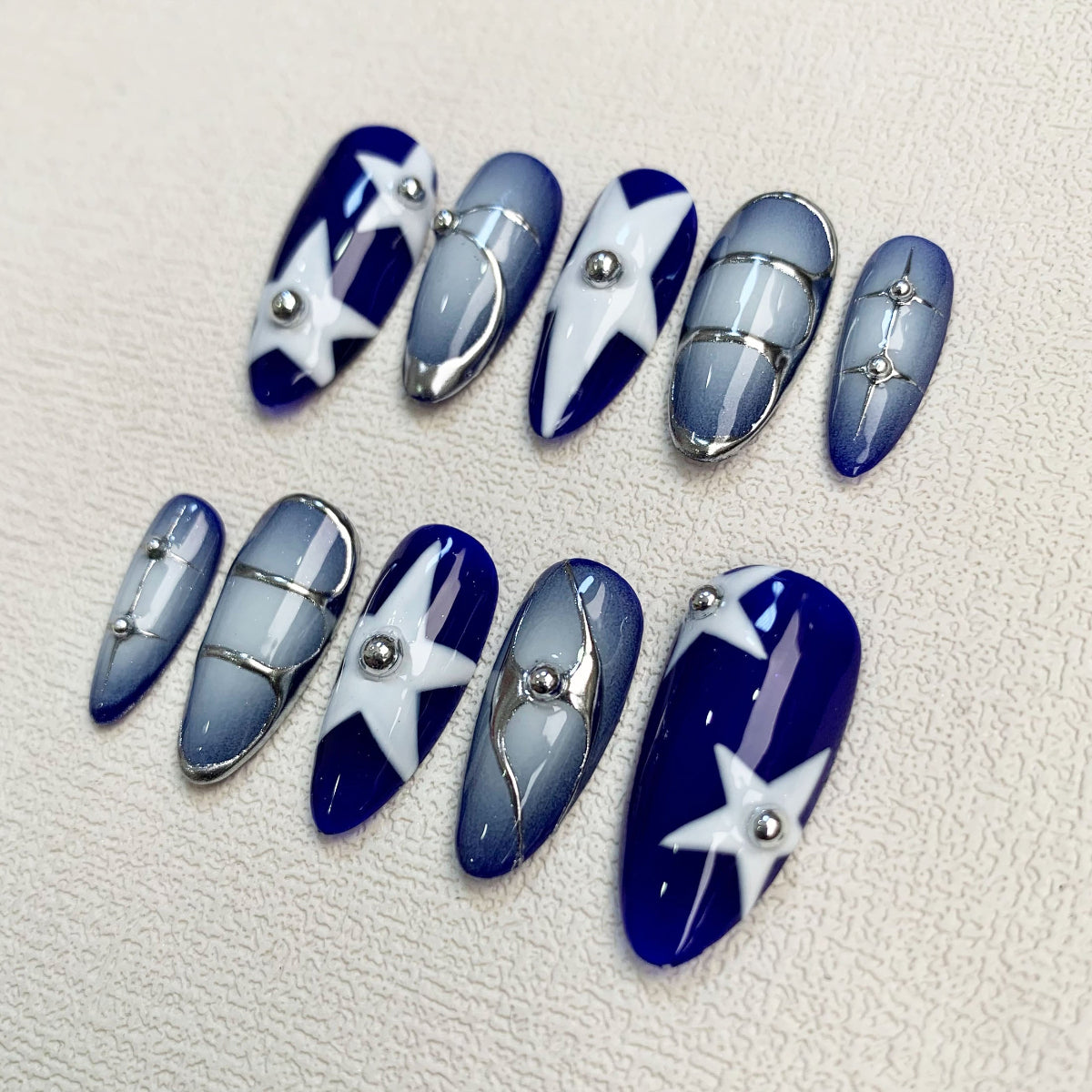 Blue Press On Nails, Y2K Spring Summer Stars Nails