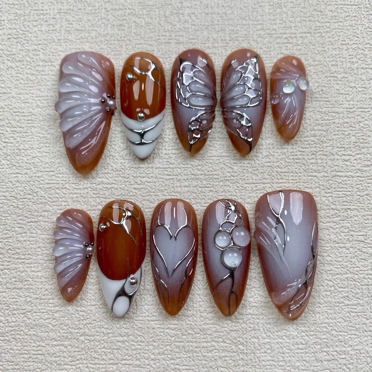 Custom Brown Press On Nails, Y2K Trending Silver Chrome Butterfly Press On Nails, Darknailz
