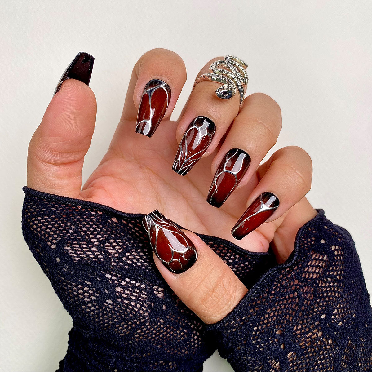 Bloody Romance Heart Press-On Nails, Burgundy Chrome Fake Nails with Gothic Silver Veins