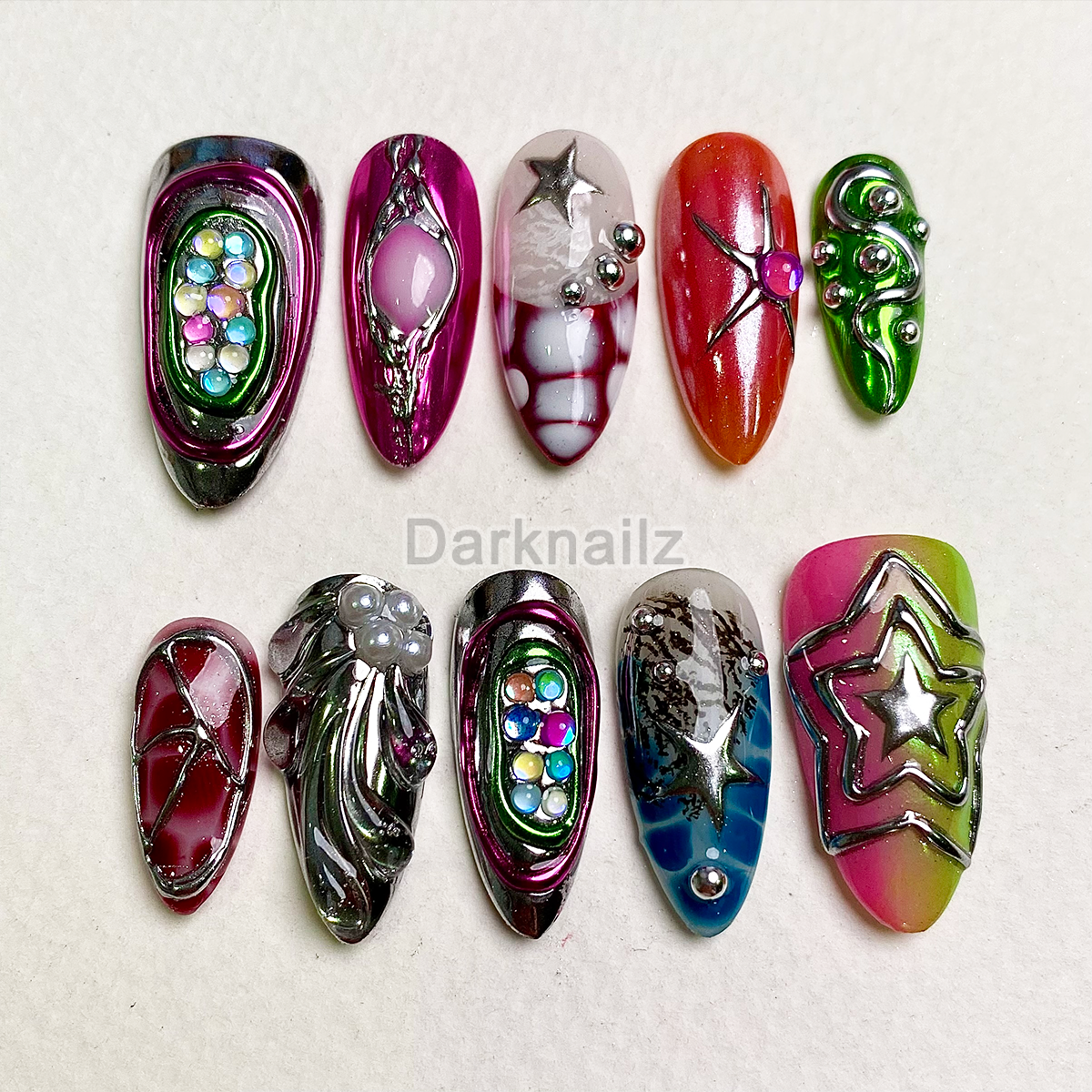 Neon Chrome Chaos Press-On Nails – Multicolor Metallic Gothic Fake Nails