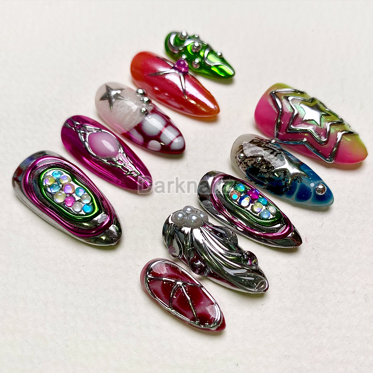 Neon Chrome Chaos Press-On Nails – Multicolor Metallic Gothic Fake Nails