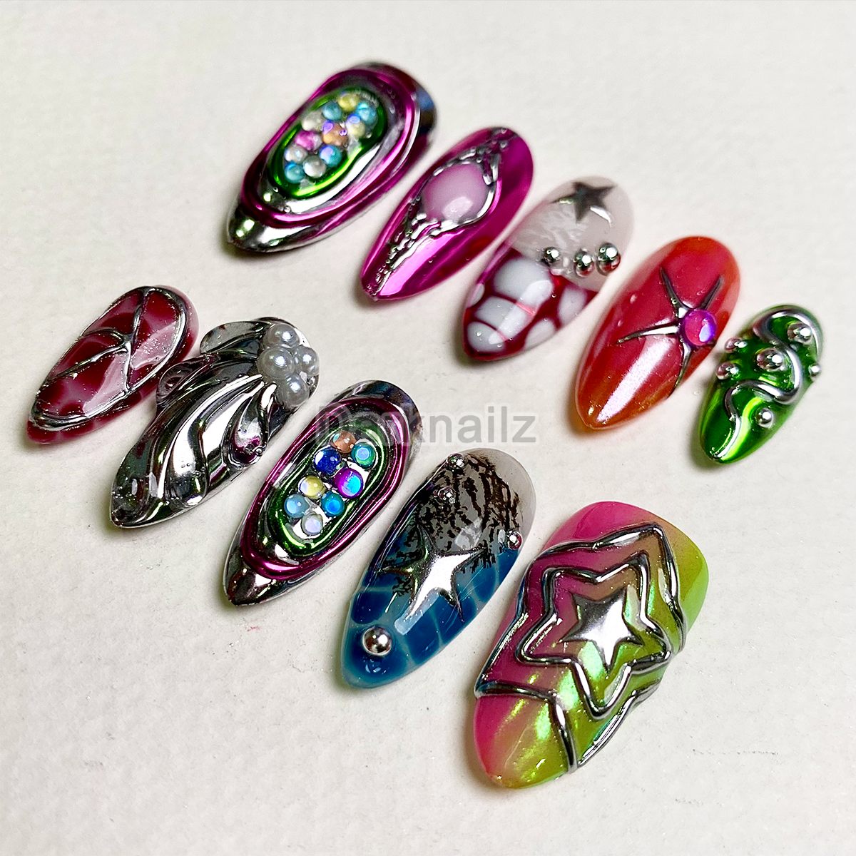 Neon Chrome Chaos Press-On Nails – Multicolor Metallic Gothic Fake Nails