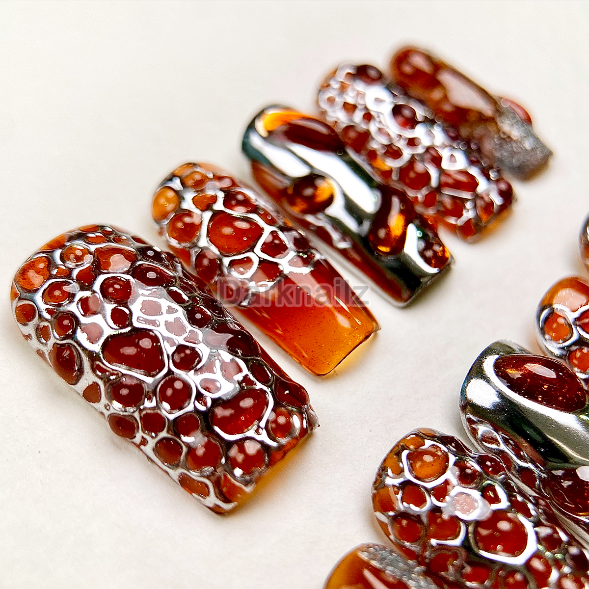 Molten Amber Lava Press-On Nails – Burnt Orange Chrome Fake Nails