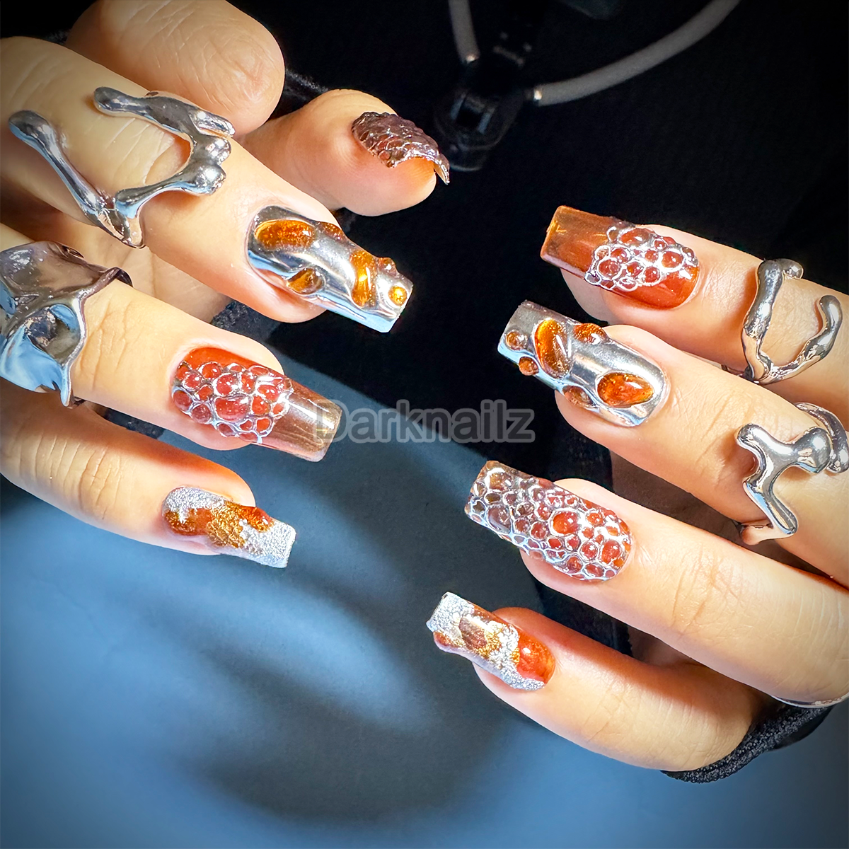 Molten Amber Lava Press-On Nails – Burnt Orange Chrome Fake Nails