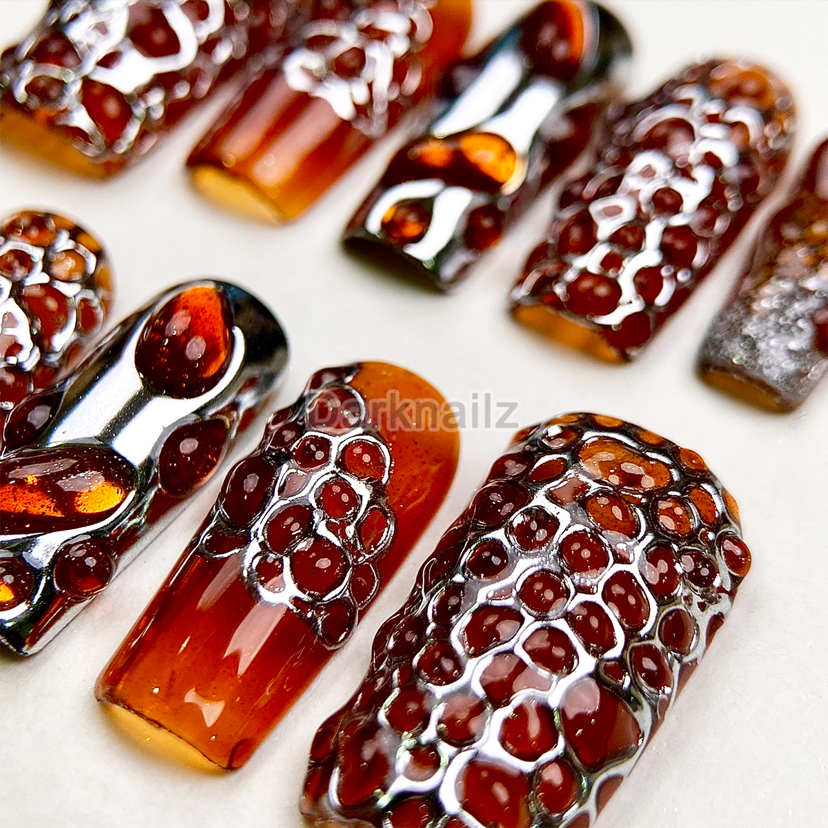 Molten Amber Lava Press-On Nails – Burnt Orange Chrome Fake Nails