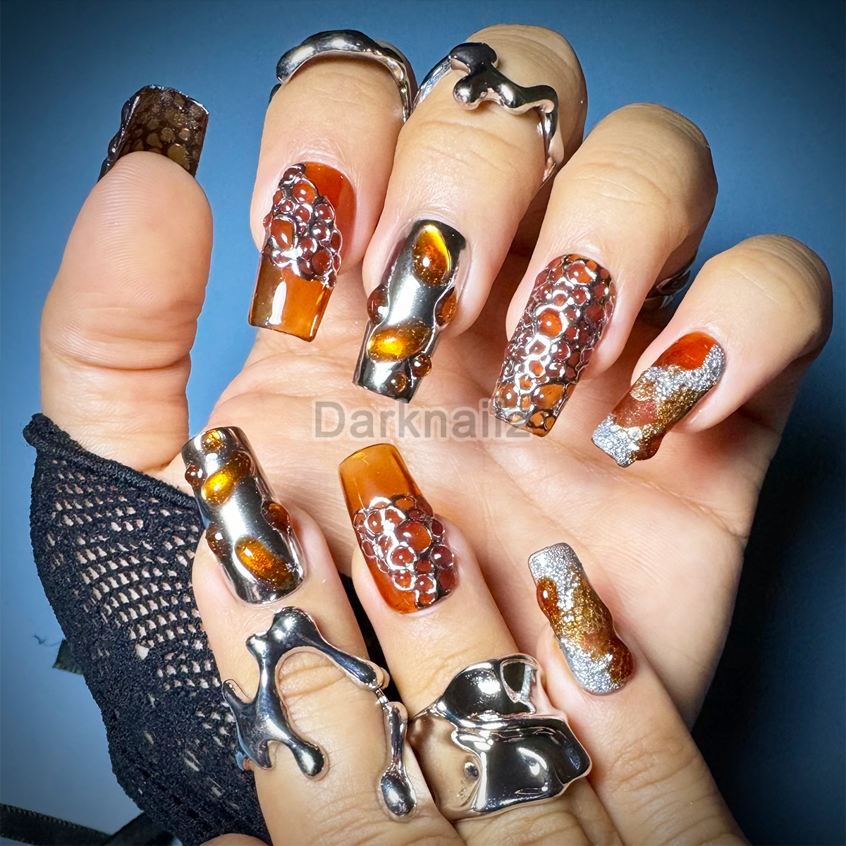 Molten Amber Lava Press-On Nails – Burnt Orange Chrome Fake Nails