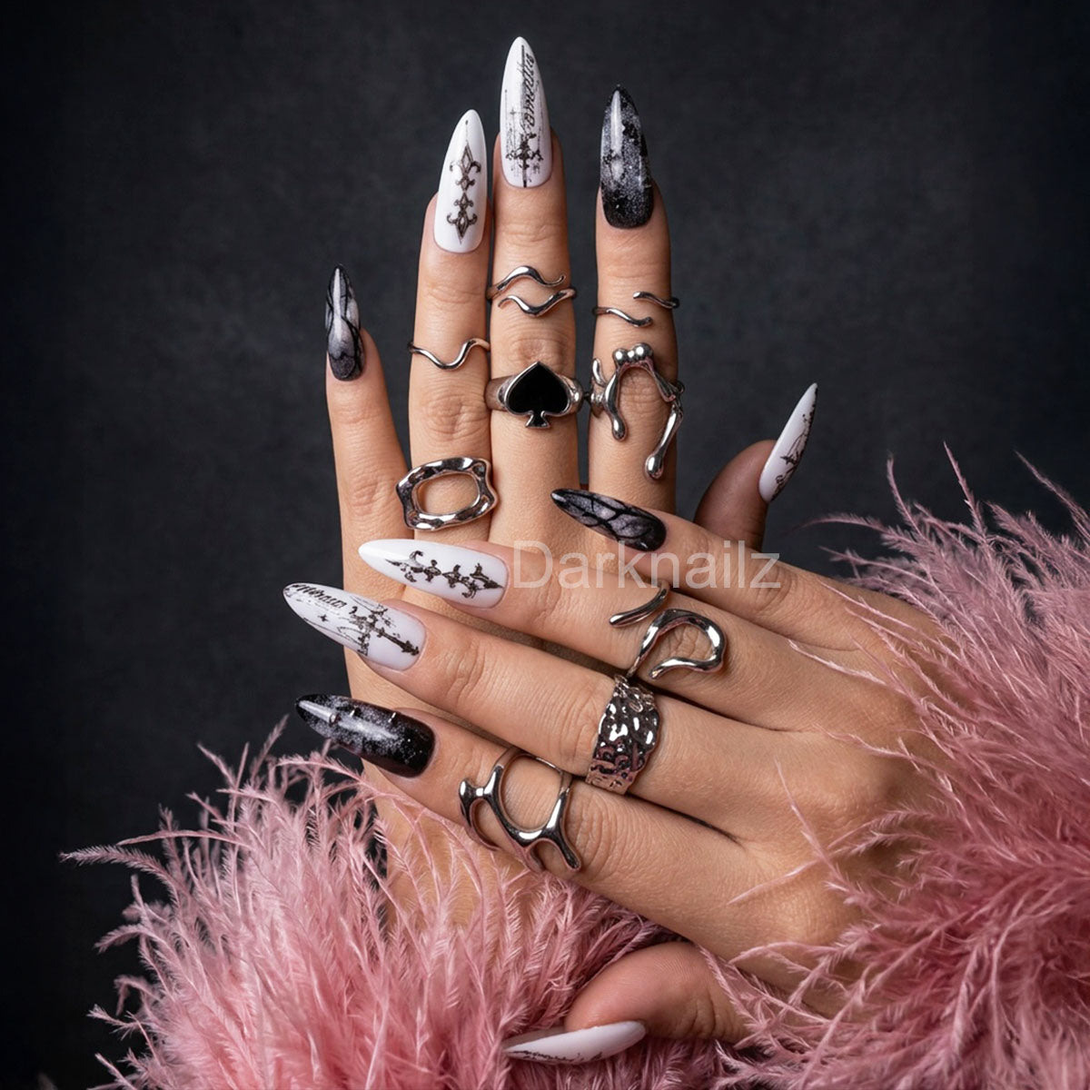 Ancient Cipher Gothic Press-On Nails – White Black Cybersigilism Fake Nails