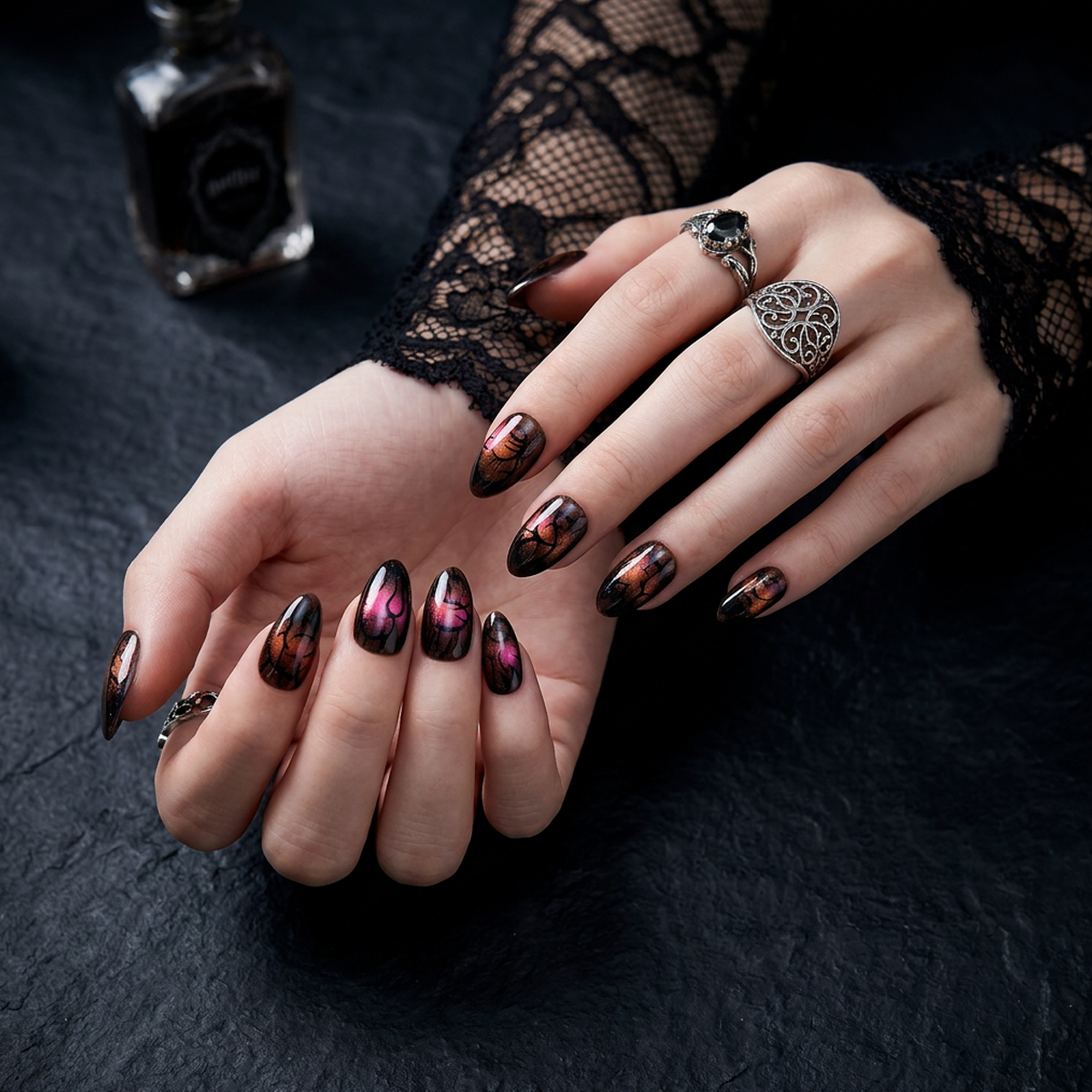 Neon Vein Cybersigilism Press-On Nails – Pink Cat Eye Gothic Fake Nails