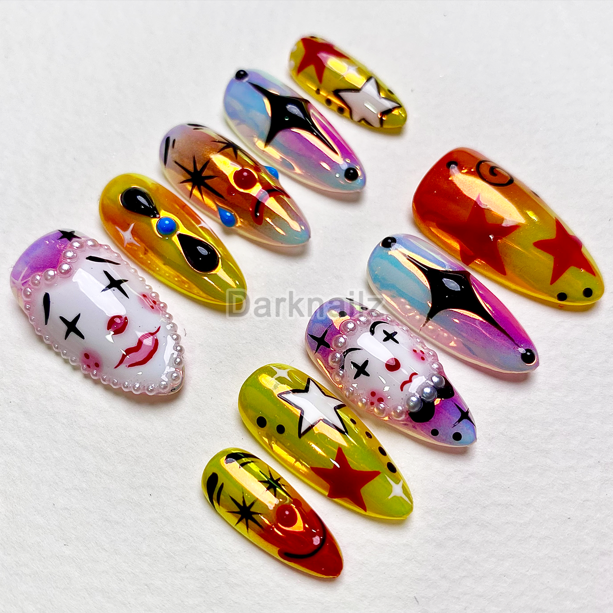 Neon Circus Clown Press-On Nails – Colorful Harlequin Fake Nails