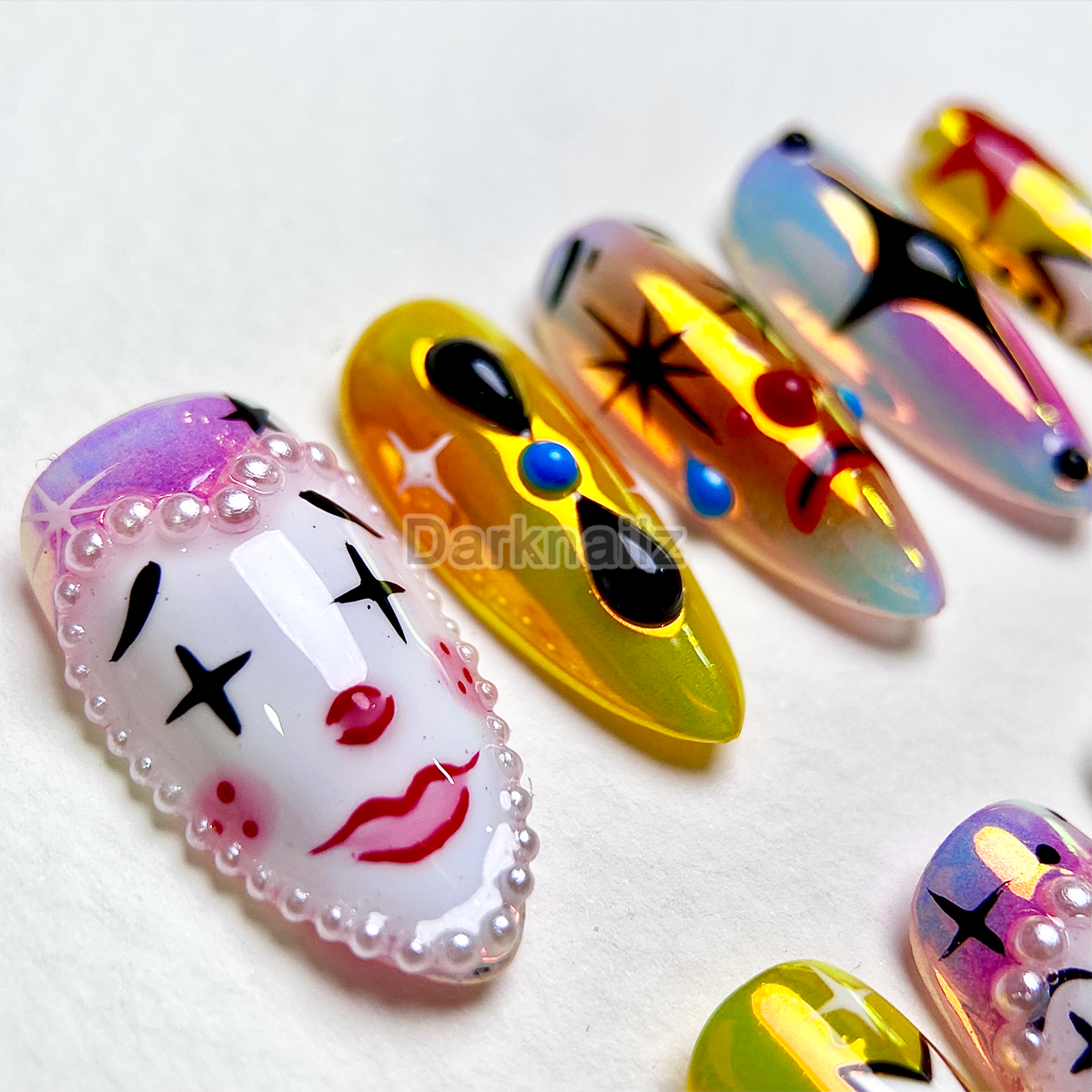 Neon Circus Clown Press-On Nails – Colorful Harlequin Fake Nails