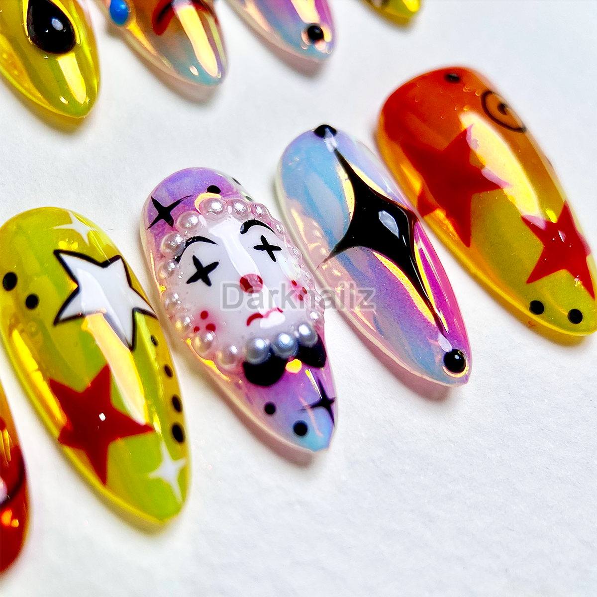 Neon Circus Clown Press-On Nails – Colorful Harlequin Fake Nails