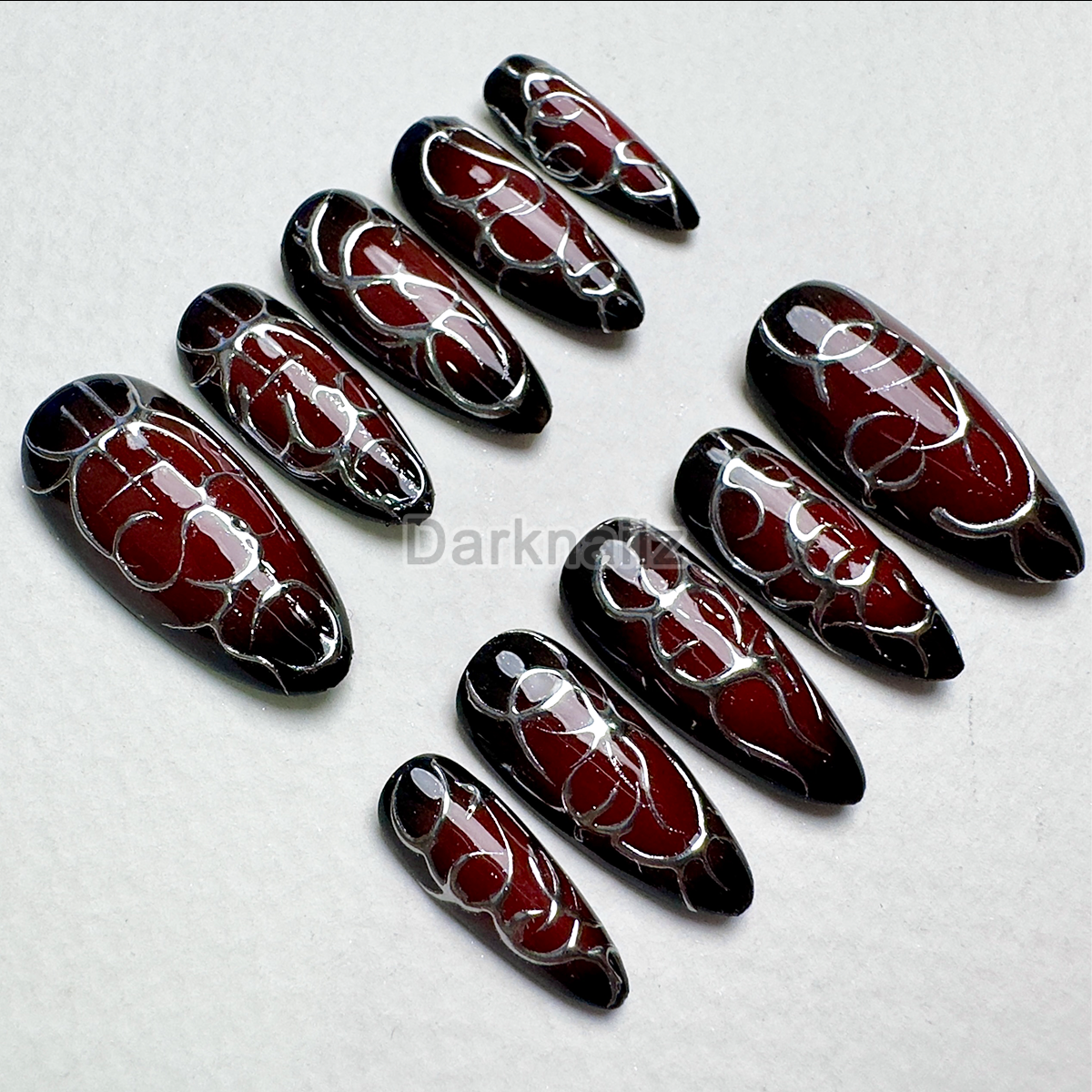 Crimson Vein Gothic Press-On Nails – Red & Black Gradient Fake Nails