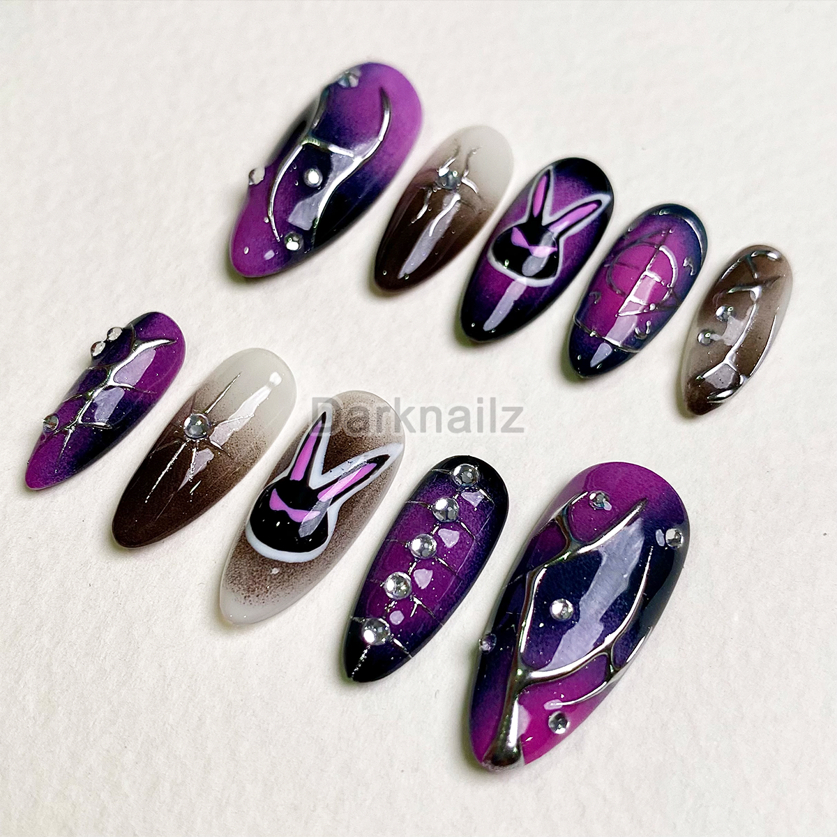 Midnight Bunny Aura Press-On Nails – Purple & Black Gothic Fake Nails