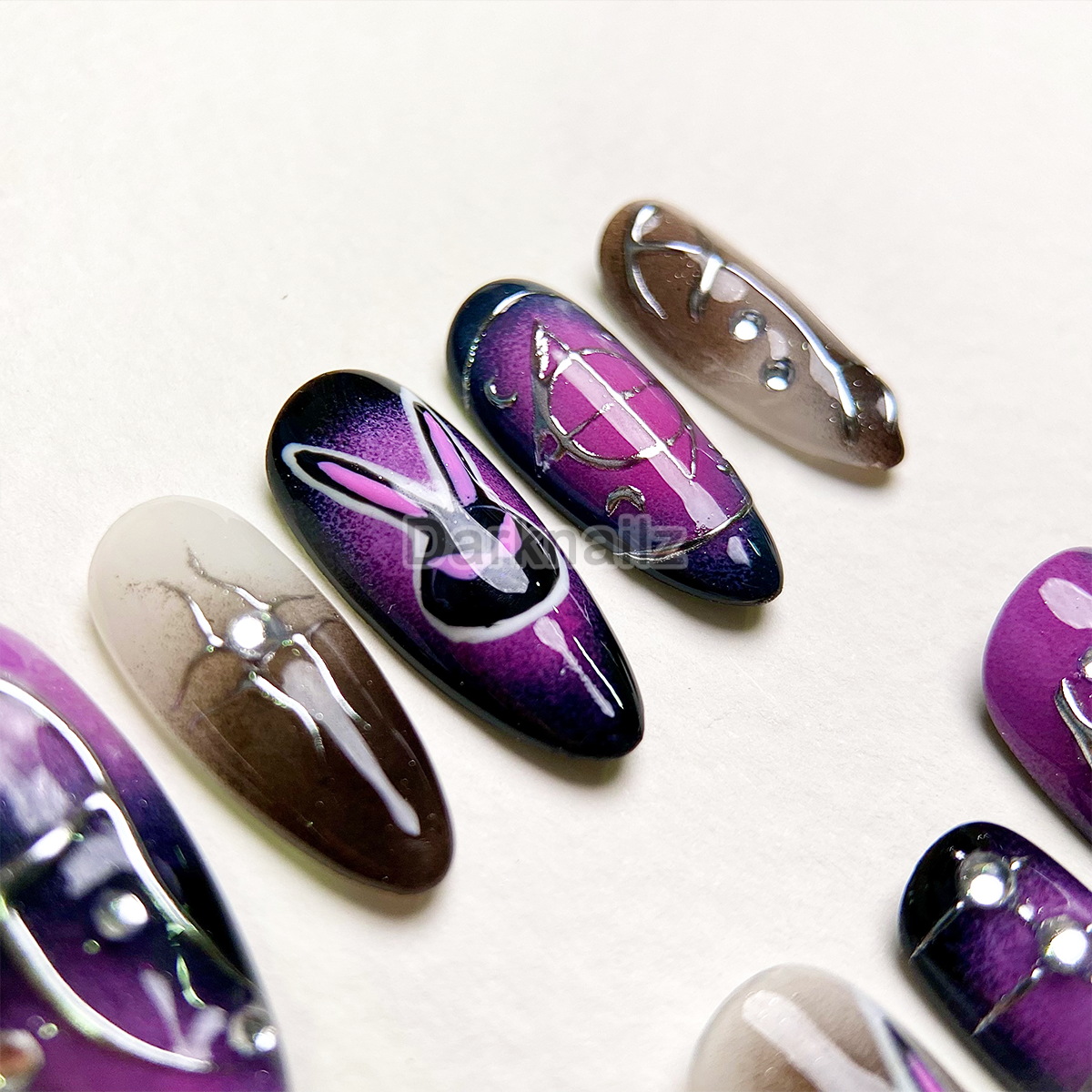 Midnight Bunny Aura Press-On Nails – Purple & Black Gothic Fake Nails