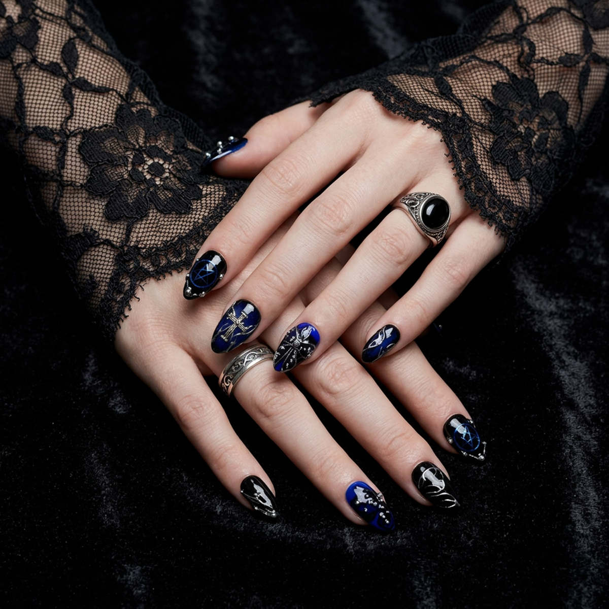 Midnight Sapphire Cross Press-On Nails – Blue Black Gothic Fake Nails