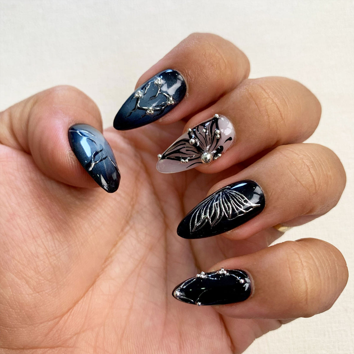 Black Butterfly Press On Nails, Gothic Punk Rock Nails, Goth Butterflies Y2K Fake Nails