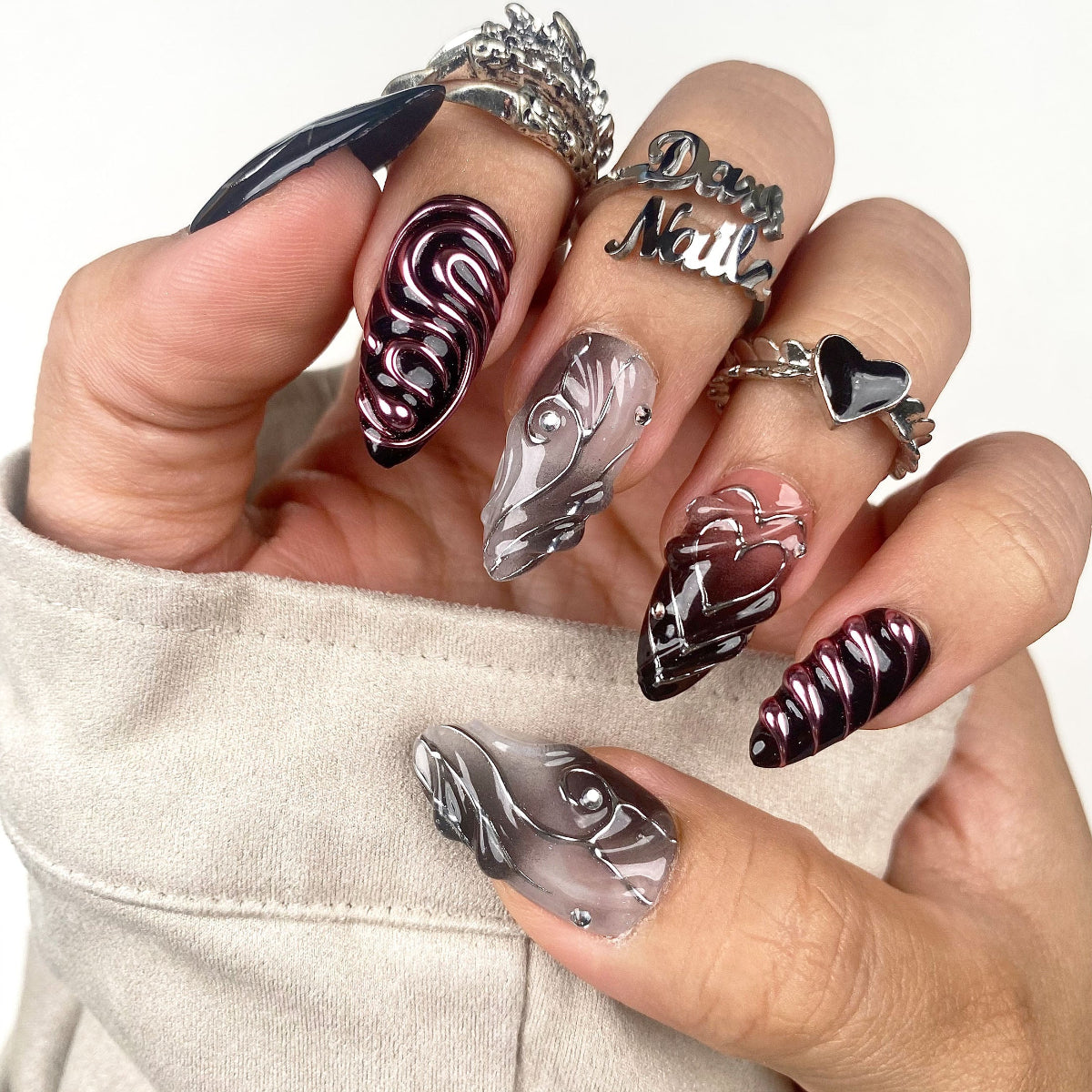 Dark Pink Chrome Mirror Press On Nails, Gothic Punk Rock Nails, Goth Black Pink Mirror Effect Fake Nails DarkNailz
