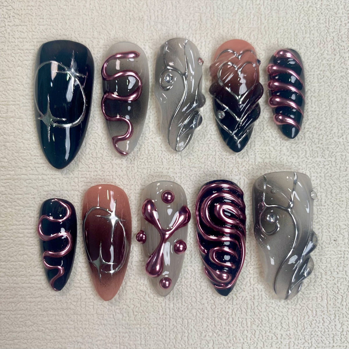 Dark Pink Chrome Mirror Press On Nails, Gothic Punk Rock Nails, Goth Black Pink Mirror Effect Fake Nails DarkNailz