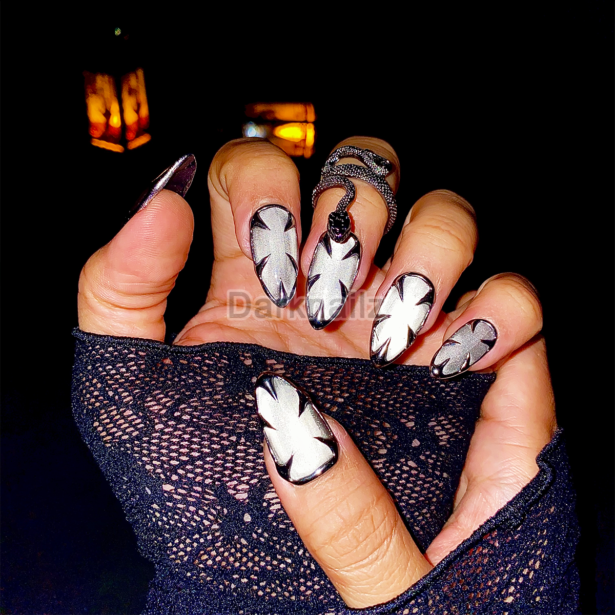 Custom Cat Eye Press On Nails, Gothic Punk Rock Silver Chrome Fake Nails | Darknailz