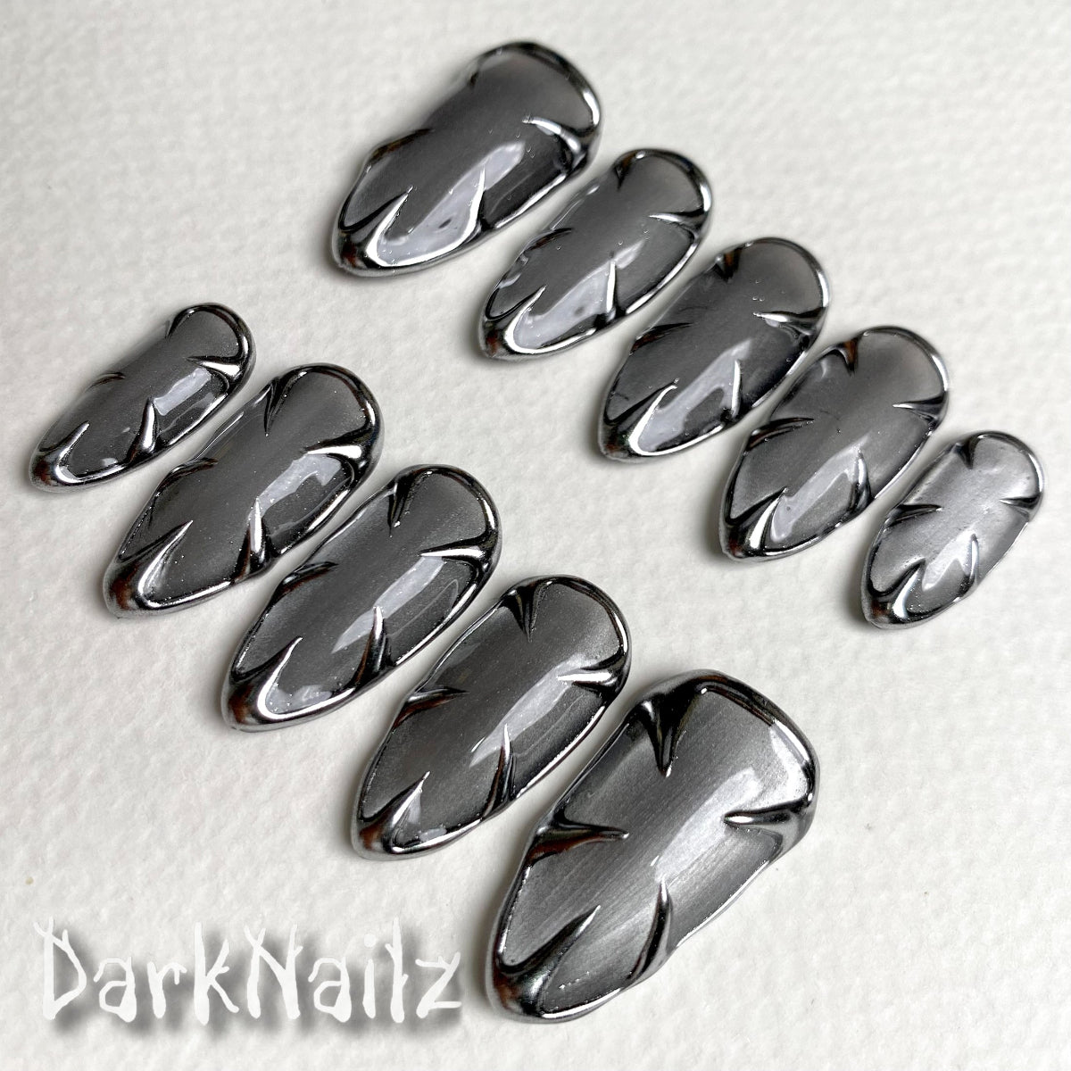 Custom Cat Eye Press On Nails, Gothic Punk Rock Silver Chrome Fake Nails | Darknailz
