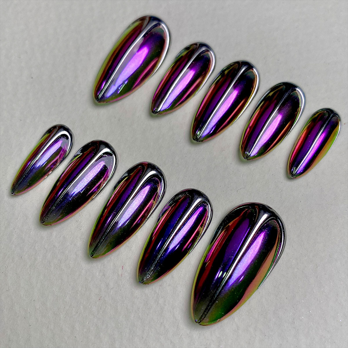 Custom Purple Chrome Press On Nails, Gothic Punk Rock Silver Chrome Fake Nails | Darknailz