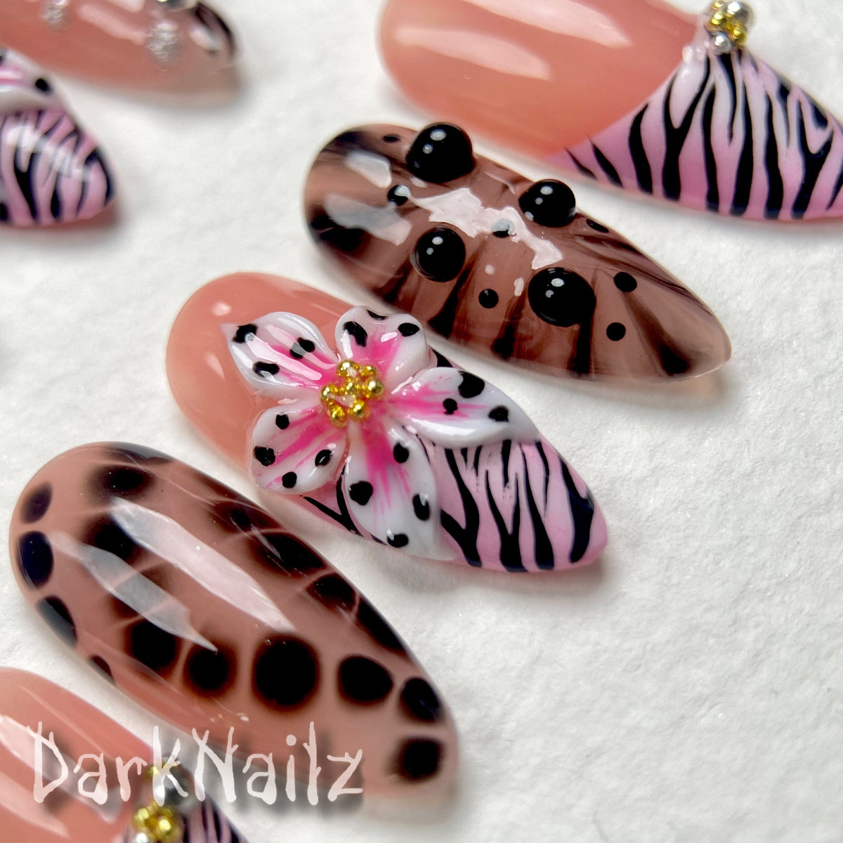 Pink Zebra Nude Press-On Nails, Black Floral Gothic Fake Nails