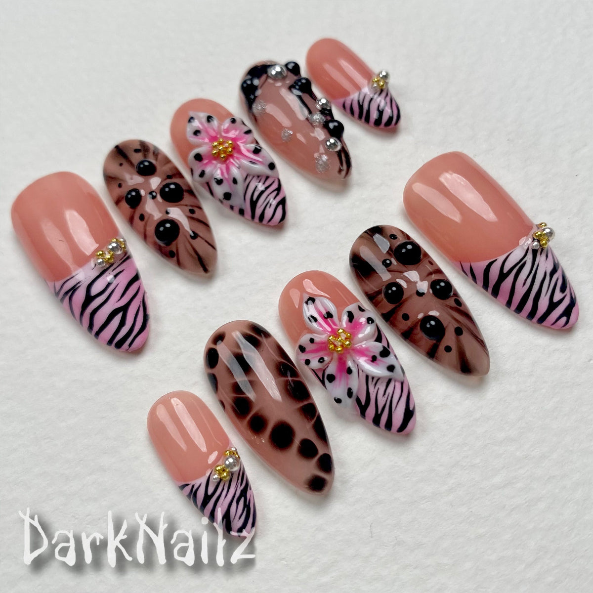 Pink Zebra Nude Press-On Nails, Black Floral Gothic Fake Nails