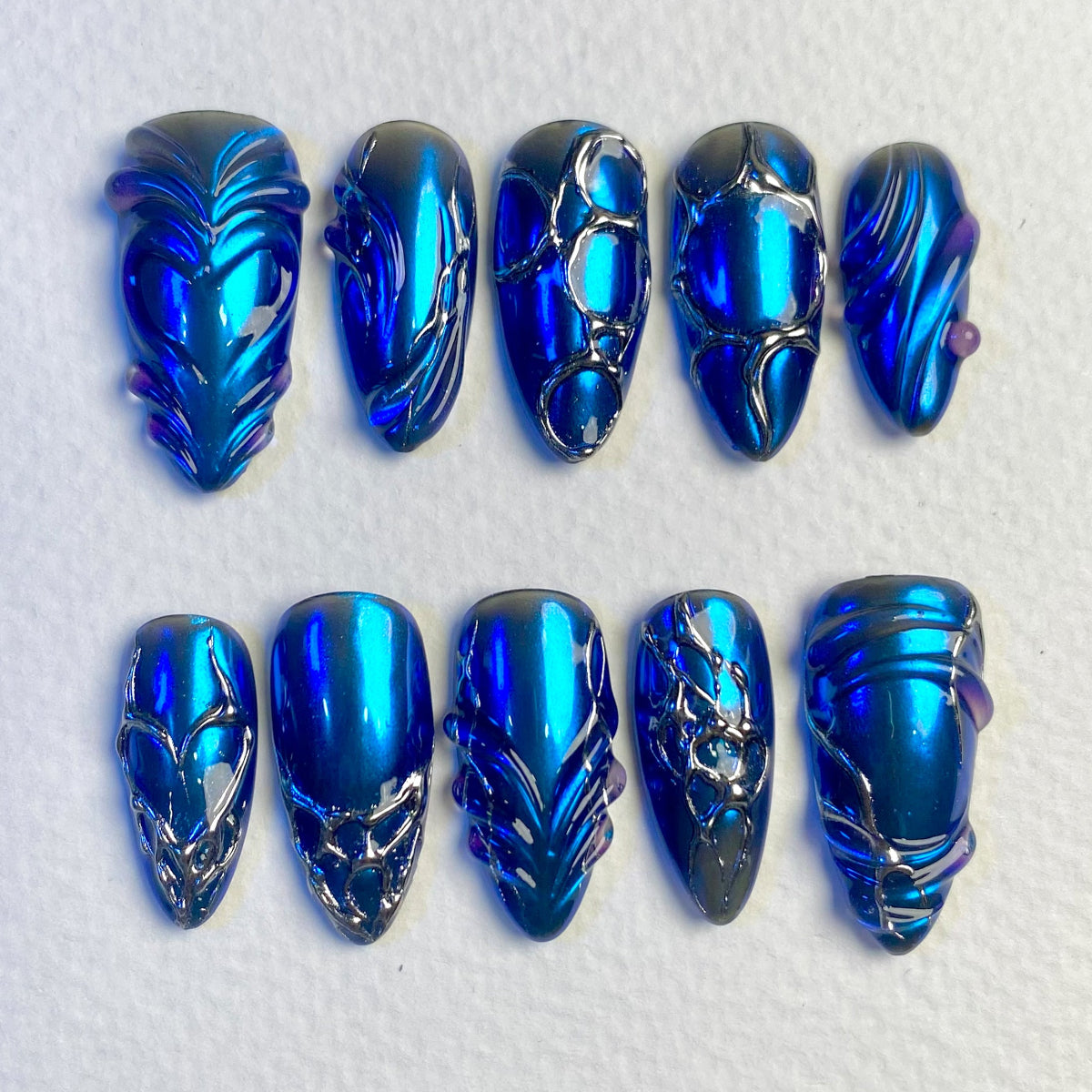 Chrome Blue Mirror Press-On Nails, Metallic Dark Gothic Alien Fake Nails