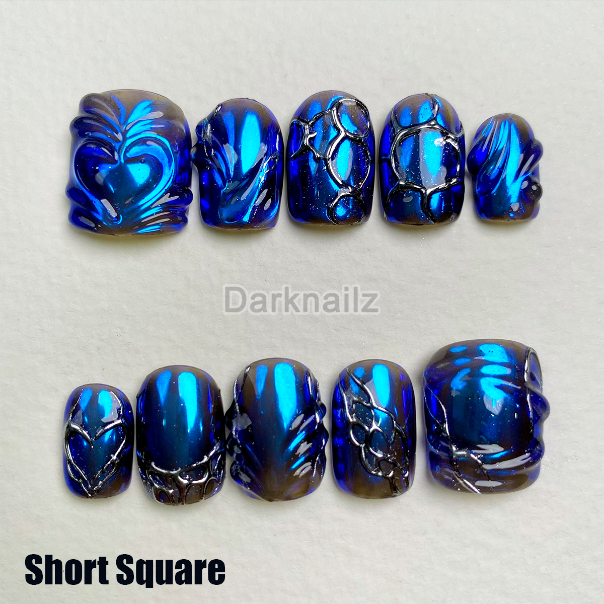 Chrome Blue Mirror Press-On Nails, Metallic Dark Gothic Alien Fake Nails