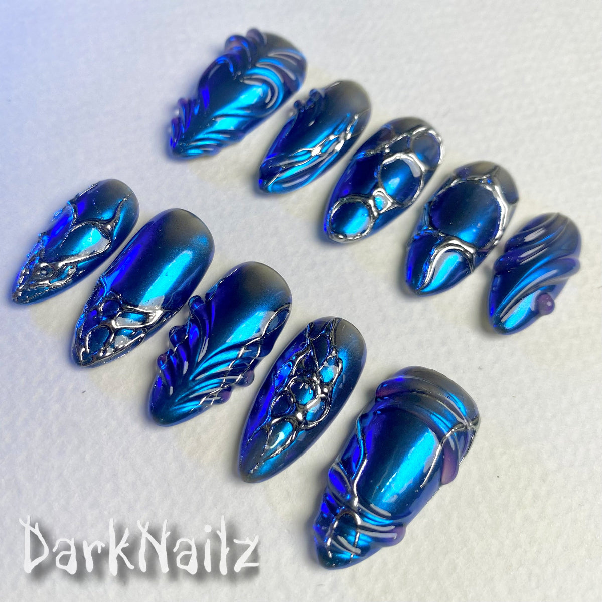 Chrome Blue Mirror Press-On Nails, Metallic Dark Gothic Alien Fake Nails