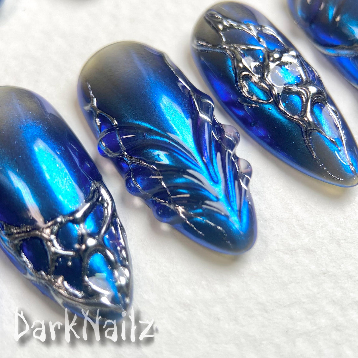 Chrome Blue Mirror Press-On Nails, Metallic Dark Gothic Alien Fake Nails
