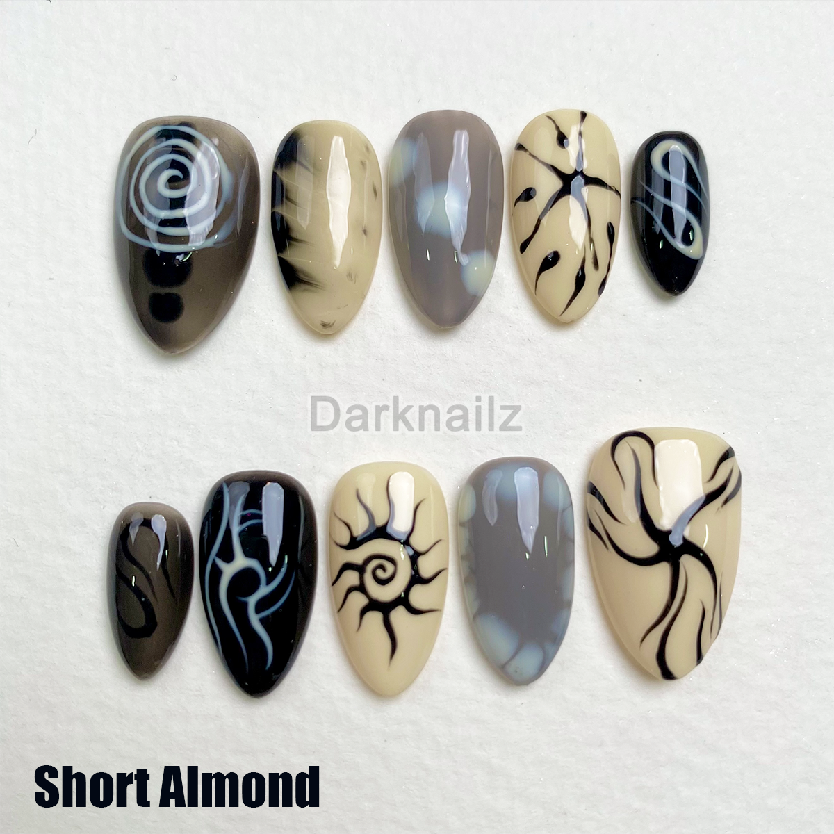 Black Grey Nude Press-On Nails, Gothic Spiral Horror Fake Nails with Abstract Veins