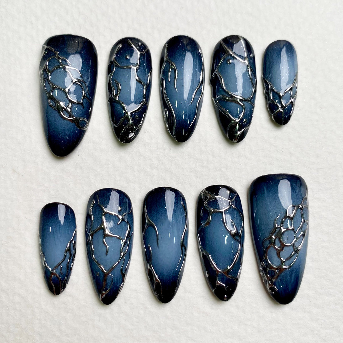 Navy Blue Ombre Press-On Nails, Chrome Vein Dark Gothic Fake Nails